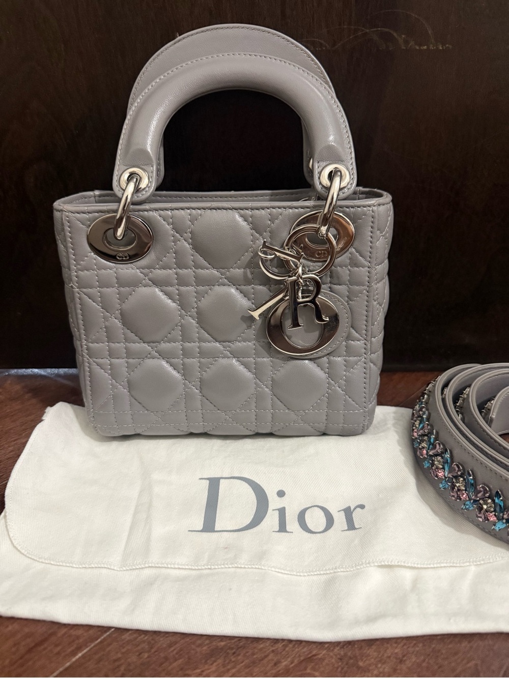 Dior Mini Lady Tote in Light Gray Leather with Silver Hardware